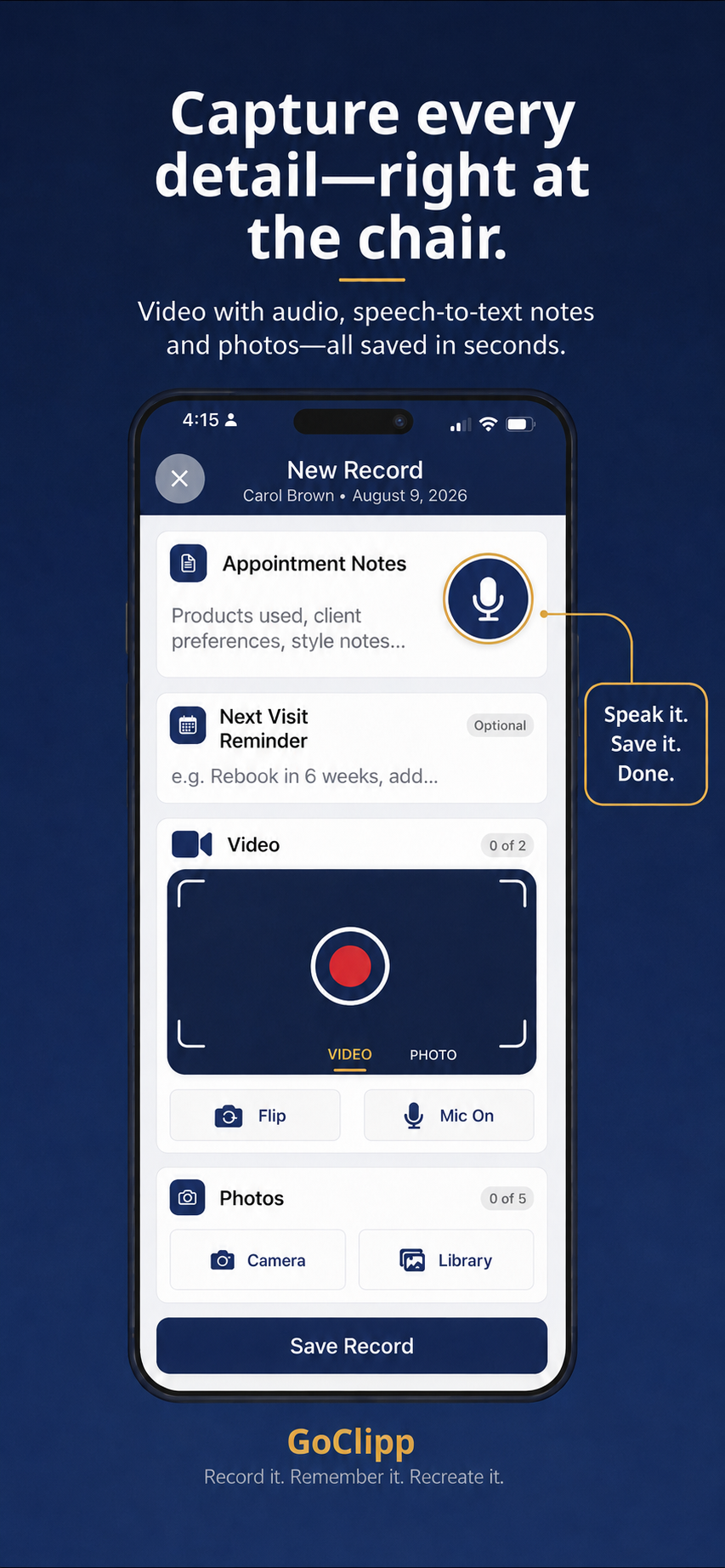 GoClipp new record screen with video, photos and speech-to-text notes